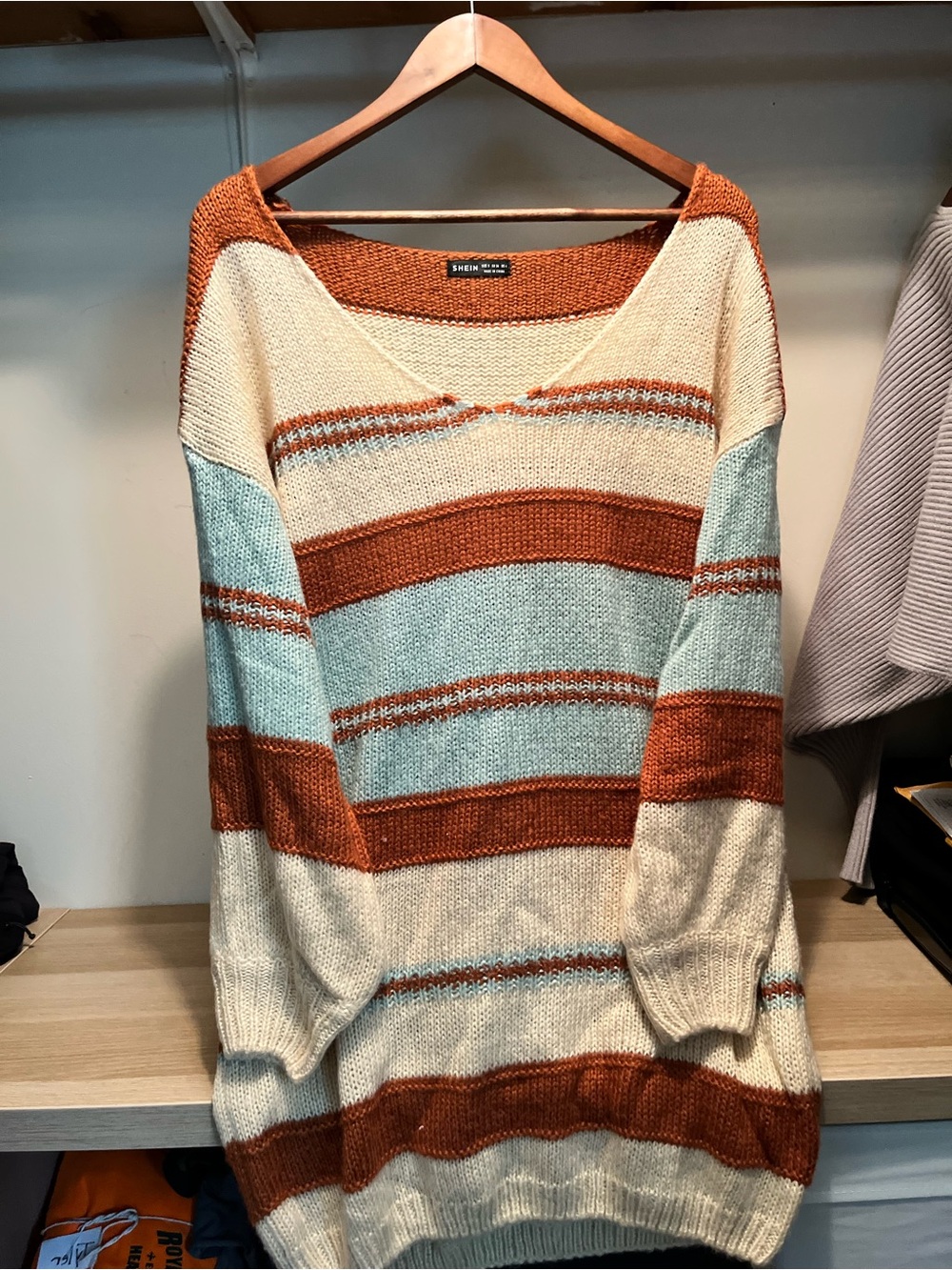 SHEIN Striped V-Neck Knit Sweater Dress in Cream, Rust & Light Blue